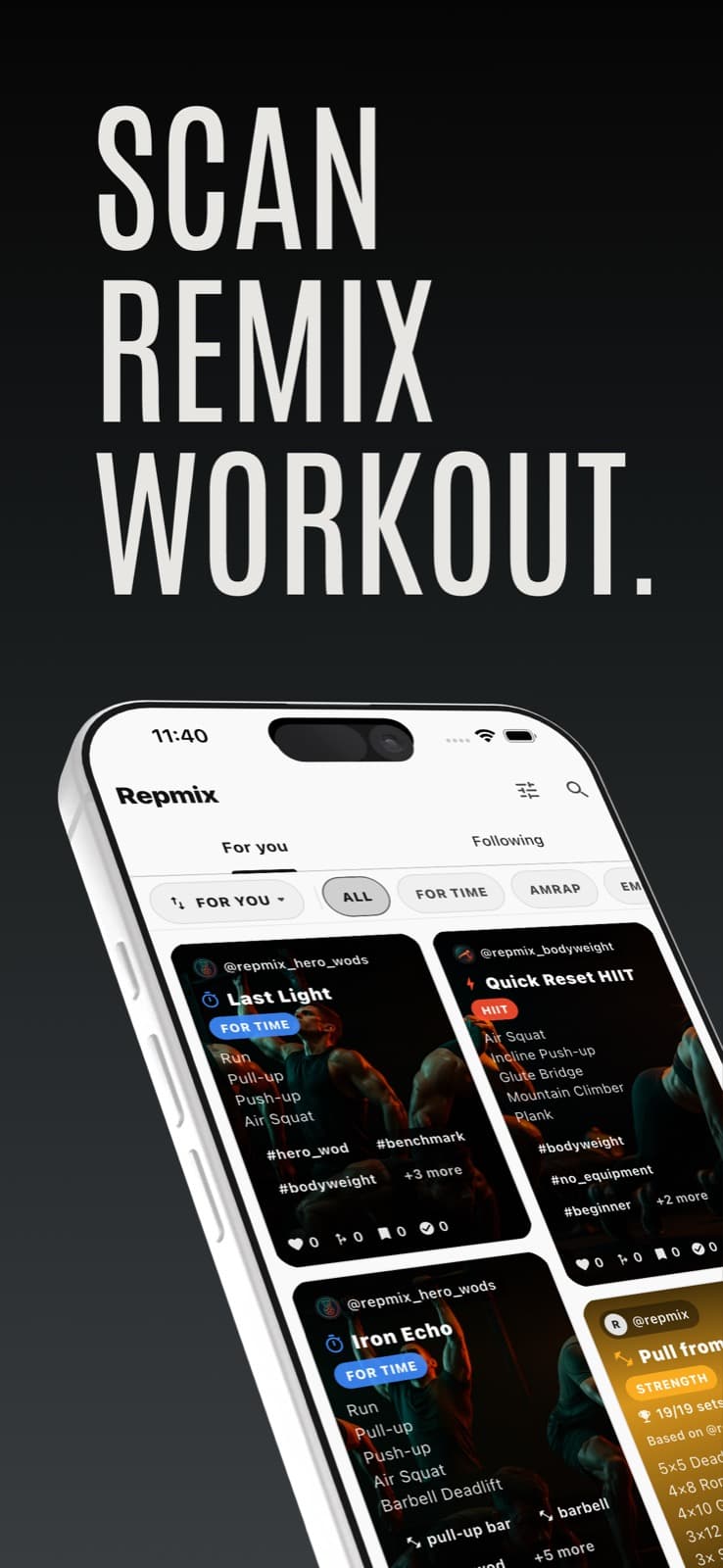 Repmix discover feed of For Time, HIIT and strength workouts to run or remix