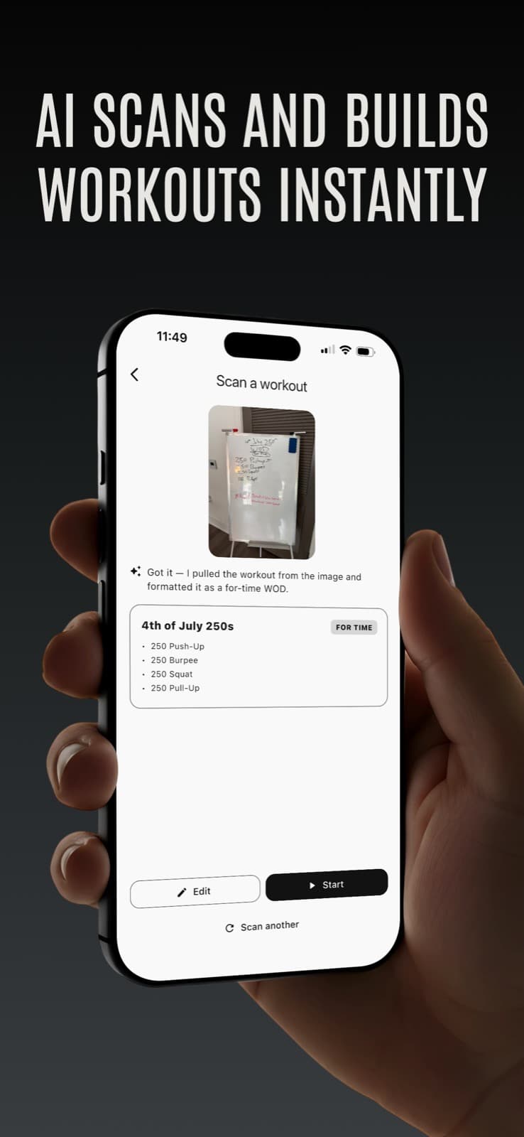 Repmix AI scanning a gym whiteboard photo and building the workout instantly
