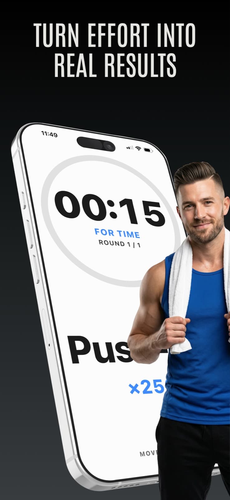 Guided For Time session with a big round timer and rep targets